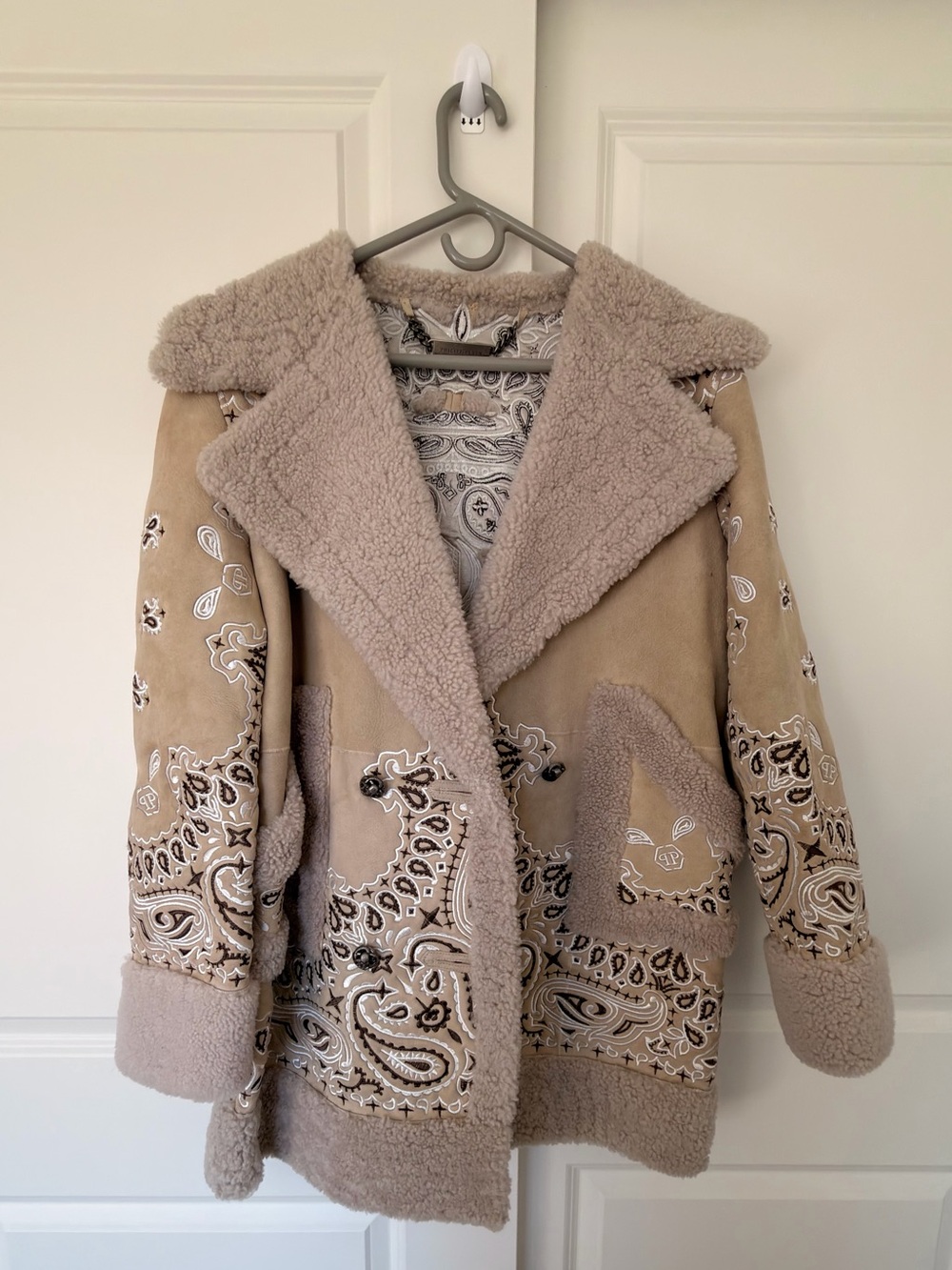 Philipp Plein Beige Paisley Faux Shearling Coat